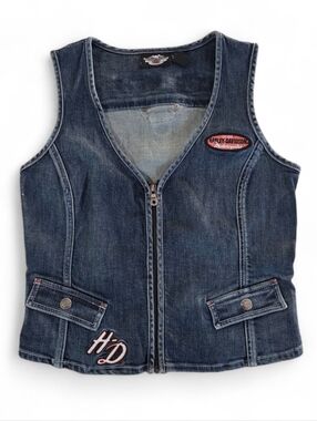 HARLEY DAVIDSON Denim Vest Moto Biker Zip Front Embroidered Logo Y2K VTG Medium